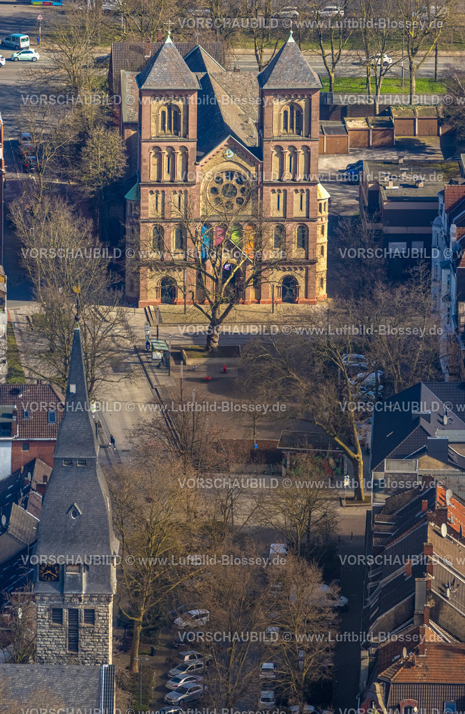 Gelsenkirchen240301248 | Luftbild, Kath. Liebfrauenkirche - Propsteipfarrei St. Augustinus mit zwei Kirchtürmen, vorne der Kirchturm der Auferstehungskirche, Neustadt, Gelsenkirchen, Ruhrgebiet, Nordrhein-Westfalen, Deutschland