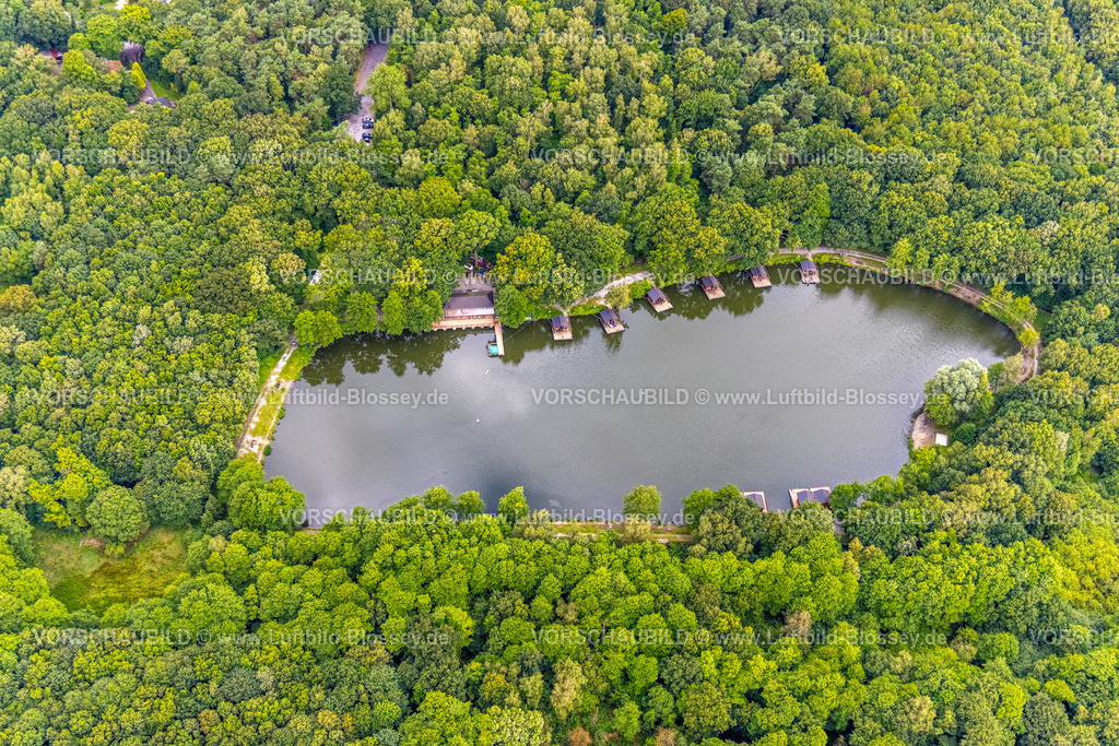 Bottrop240701497Kirchhellen | Luftbild, Naturschutzgebiet NSG Kirchheller Heide, grüner Wald mit Forellensee und Angelpark Zur Grafenmühle mit Waldhütten im See, Kirchhellen-Süd, Bottrop, Ruhrgebiet, Nordrhein-Westfalen, Deutschland