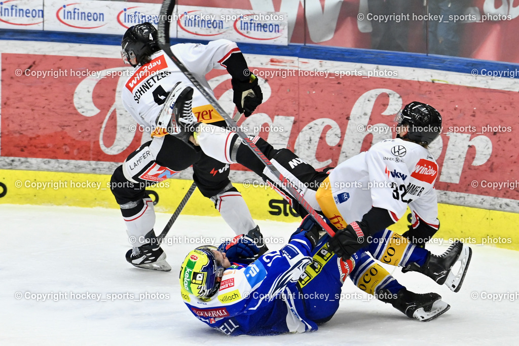 EC IDM Wärmepumpen VSV vs. Pioneers Vorarlberg | #12 Brett Budgell EC VSV, #32 Ben Summer Pioneers Vorarlberg, #4 Ramon Schnetzer Pioneers Vorarlberg, EC IDM Wärmepumpen VSV vs. Pioneers Vorarlberg, EC IDM Wärmepumpen VSV vs. Pioneers Vorarlberg am 22.02.2026 in Villach (Stadthalle Villach), Austria, (Photo by Bernd Stefan)