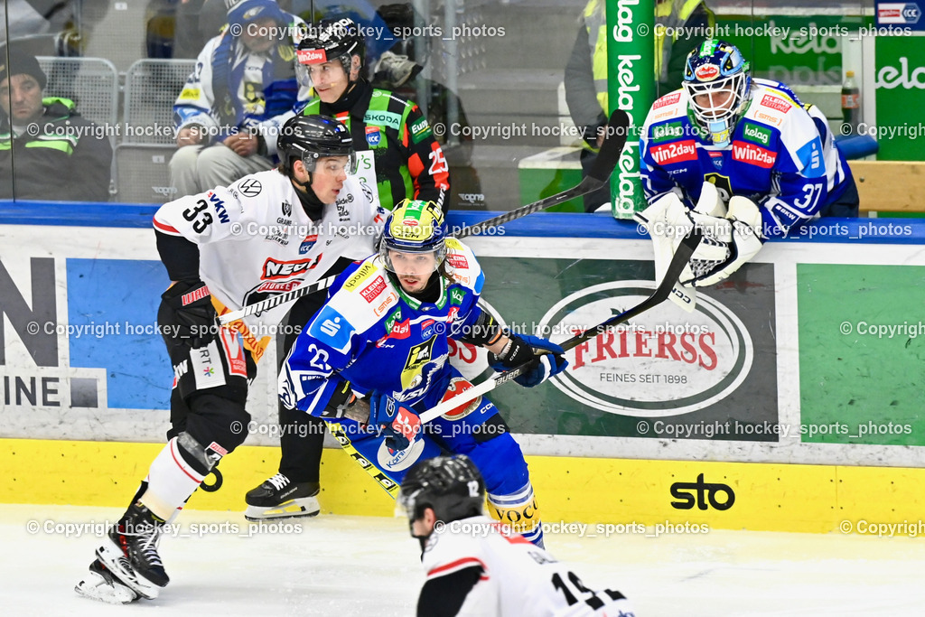 EC IDM Wärmepumpen VSV vs. Pioneers Vorarlberg | #22 Nikita Scherbak EC VSV, #33 Aron Summer Pioneers Vorarlberg, #37 René Swette EC VSV, PIRAGIĆ TRPIMIR Referee, EC IDM Wärmepumpen VSV vs. Pioneers Vorarlberg, EC IDM Wärmepumpen VSV vs. Pioneers Vorarlberg am 22.02.2026 in Villach (Stadthalle Villach), Austria, (Photo by Bernd Stefan)