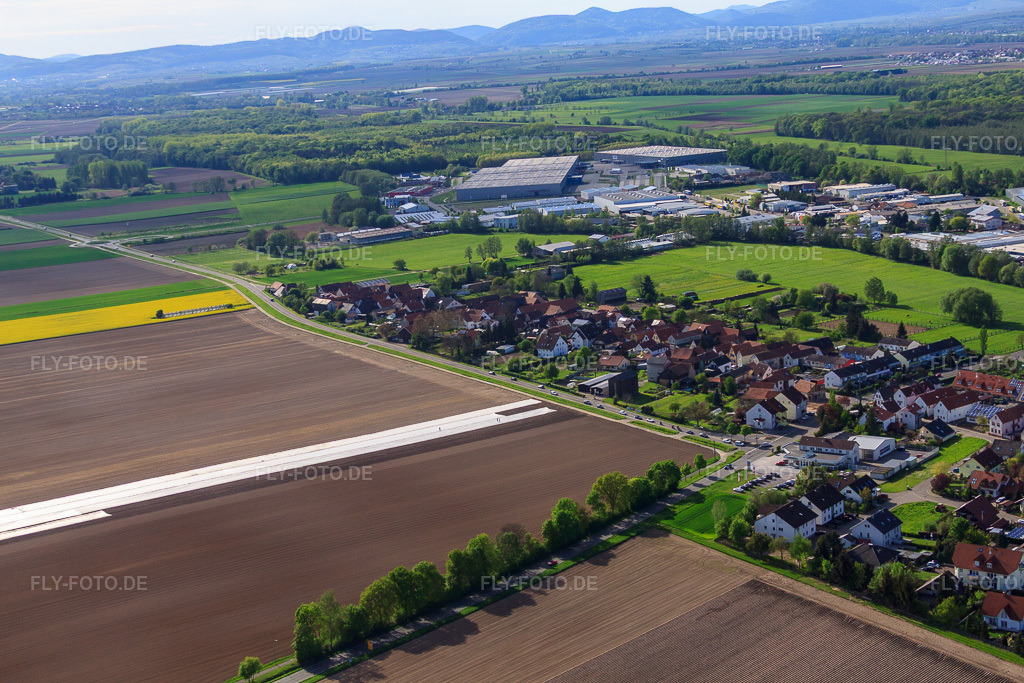 Luftbild: Dorfansicht aus Südosten im Ortsteil Minderslachen in Kandel im Bundesland Rheinland-Pfalz in Deutschland. Foto: IMG_49935.jpg vom 01.05.2012 durch Werner Riehm/FLY-FOTO.de