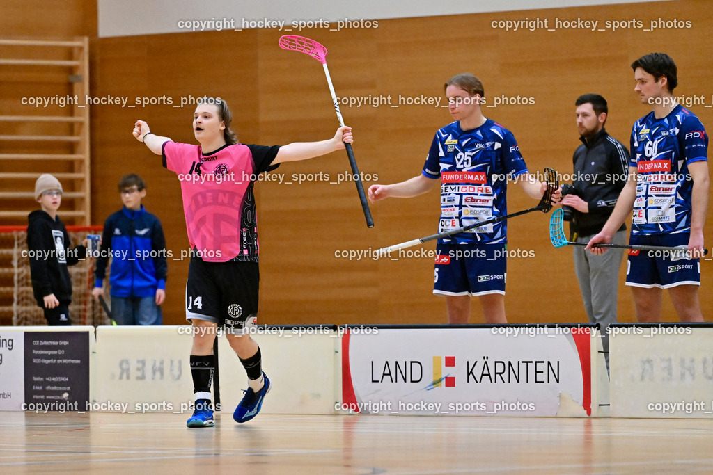 VSV Unihockey vs. Wiener Floorballverein | Jubel #14 Teo Laurila Wiener Floorballverein, VSV Unihockey vs. Wiener Floorballverein, VSV Unihockey vs. Wiener Floorballverein am 20.12.2025 in Villach (Ballspielhalle St. Martin), Austria, (Photo by Bernd Stefan)