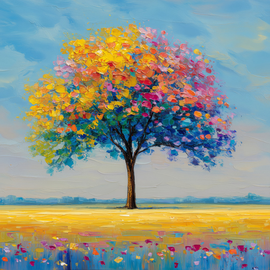 2512010 - Baum mit bunten Blättern | Dieses Werk präsentiert einen einzelnen Baum, der als zentrales Motiv in einer ansonsten weiten und ruhigen Landschaft steht. Der Baumstamm ist dunkel und klar definiert, doch seine Krone explodiert in einer lebendigen und leuchtenden Farbpalette.