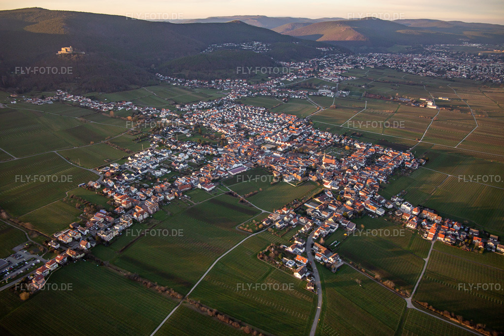 Luftbild: Ortsansicht von Südosten im Ortsteil Diedesfeld in Neustadt im Bundesland Rheinland-Pfalz in Deutschland. Foto: IMG_135871.jpg vom 18.01.2023 durch Werner Riehm/FLY-FOTO.deWWW.DIEDESFELD.DE