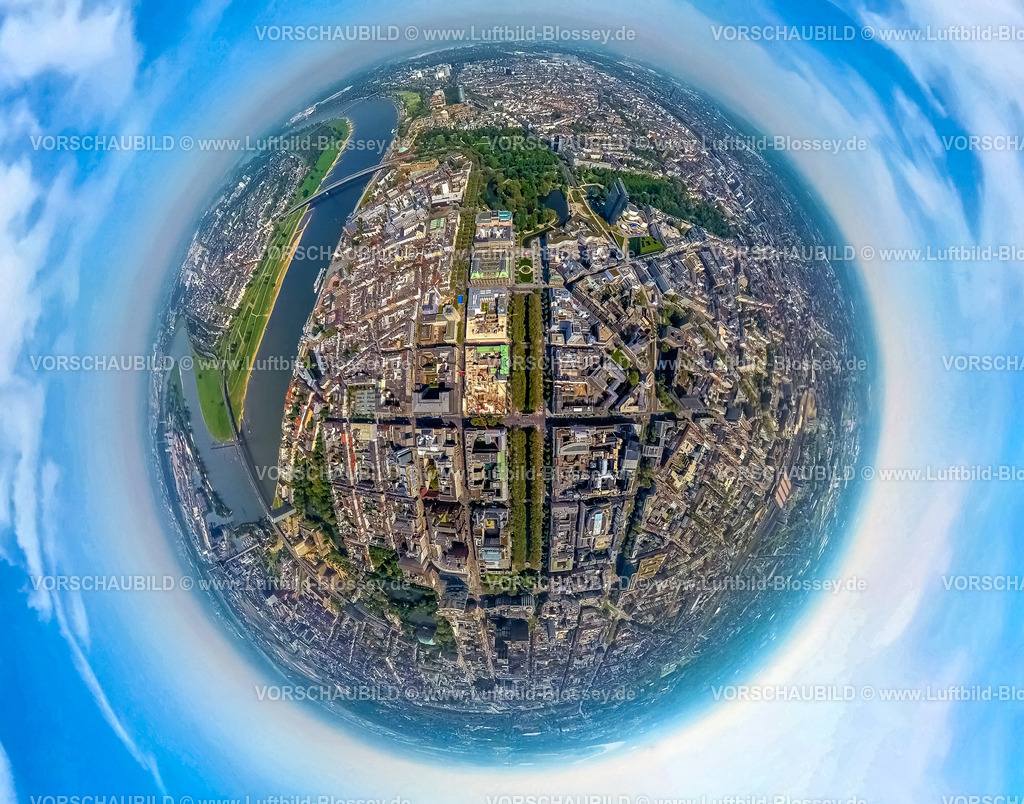 Duesseldorf240590069Koenigsallee_Koe_Altstadt_Rhein | Luftbild, Düsseldorfer Altstadt am Fluss Rhein, Oberkasseler Brücke, Heinrich-Heine-Allee und Königsallee mit Baumallee und Hofgarten, Erdkugel, Fisheye Aufnahme, Fischaugen Aufnahme, 360 Grad Aufnahme, tiny world, little planet, fisheye Bild, Stadtmitte, Düsseldorf, Nordrhein-Westfalen, Deutschland