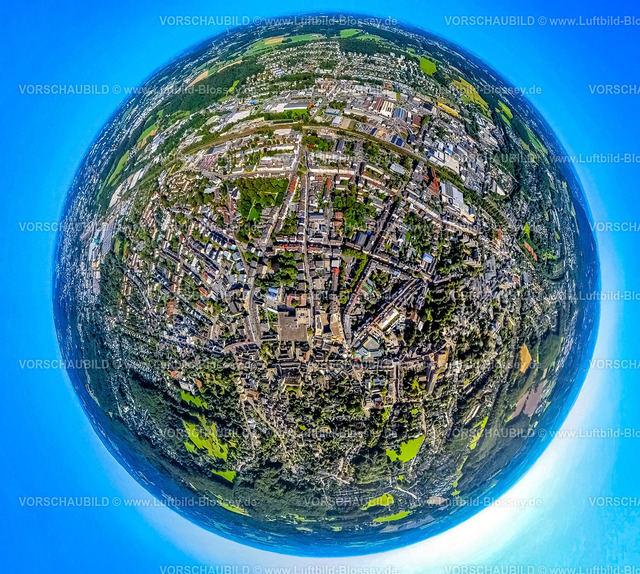 Schwelm240890762Mitte | Luftbild, City Innenstadtansicht mit  Bahnhof Schwelm und Neumarkt, Erdkugel, Fisheye Aufnahme, Fischaugen Aufnahme, 360 Grad Aufnahme, tiny world, little planet, fisheye Bild, , Schwelm, Ruhrgebiet, Nordrhein-Westfalen, Deutschland