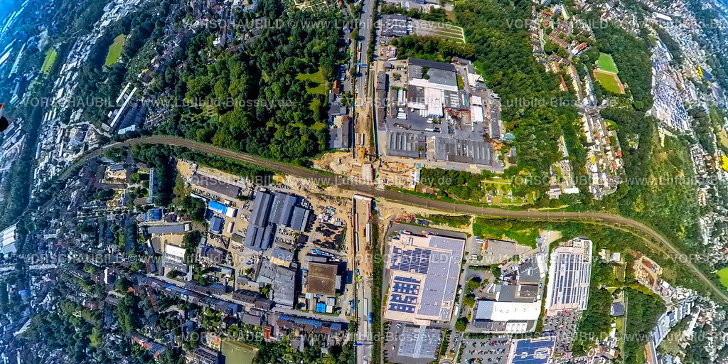 Bochum240890853A40-Sperrung-Freudenbergstrasse | Luftbild, Vollsperrung der Autobahn A40 am Ersatzneubau und Brückenbau Schlachthofbrücke über die Bahngleise am Schlachthof, Erdkugel, Fisheye Aufnahme, Fischaugen Aufnahme, 360 Grad Aufnahme, tiny world, little planet, fisheye Bild, Hamme, Bochum, Ruhrgebiet, Nordrhein-Westfalen, Deutschland