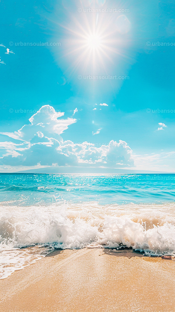 Beach With Blue Sky And White Clouds  | A serene beach scene with a bright blue sky and fluffy clouds, capturing the beauty of a sunny day by the sea. Ideal for creating a calming, tropical atmosphere in any space. - Realisiert mit Pictrs.com