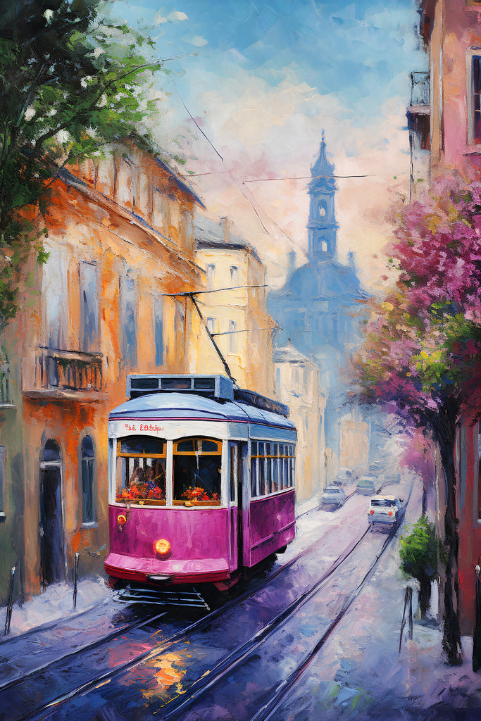 2307043 - Lissabon | Impressionistisches Wandbild einer Szene aus Lissabon mit der für die Stadt typischen Straßenbahn.