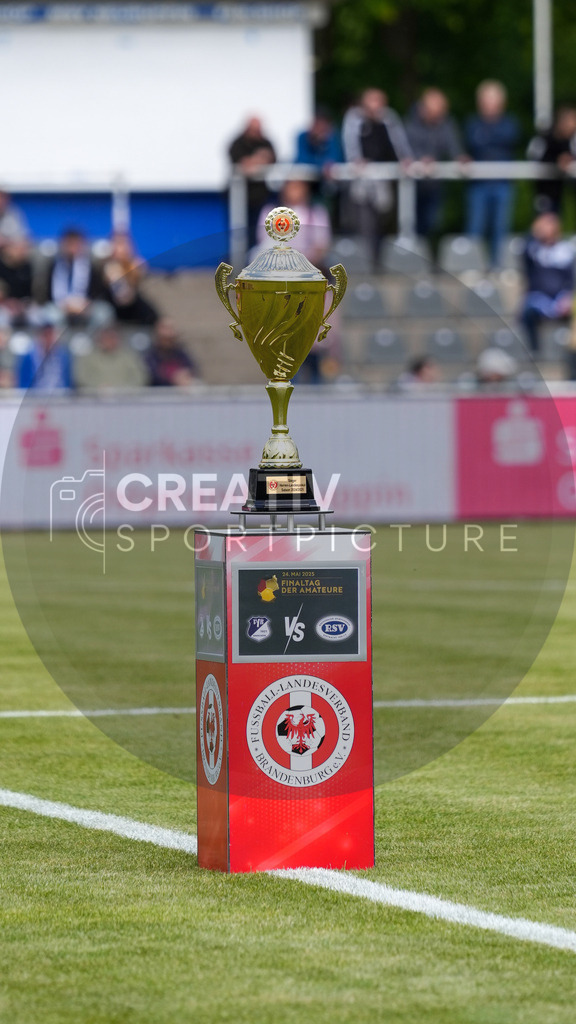 Fußball, Herren, Saison 2024/2025, Finaltag der Amateure 2025, Landespokal Brandenburg, Finale, VfB 1921 Krieschow vs. RSV Eintracht 1949, Samstag 24.05.2025, Volksparkstadion Neuruppin, | Fußball, Herren, Saison 2024/2025, Finaltag der Amateure 2025, Landespokal Brandenburg, Finale, VfB 1921 Krieschow vs. RSV Eintracht 1949, Samstag 24.05.2025, Volksparkstadion Neuruppin, Im Bild: Die Trophäe/Der Pokal des Brandenburger Landespokals. - Realisiert mit Pictrs.com