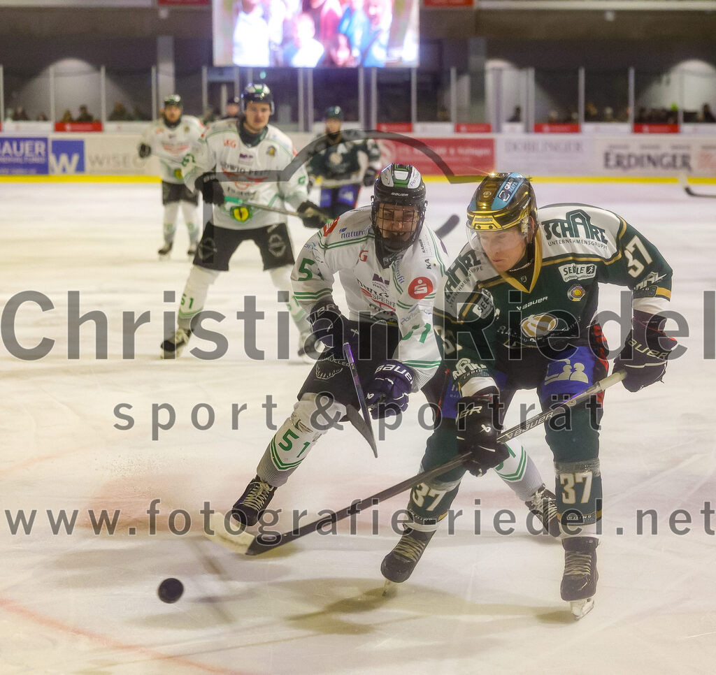 2026-01-02_034_TSV_Erding_gegen_Hoechstadt_Alligators | Erding, Deutschland, 02.01.2026:Eishockey, Oberliga Süd 2025 / 2026, 33. Spieltag, TSV Erding gegen Höchstadt Alligators, Endergebnis: 2:1Tim Weidner (Höchstadt Alligators, #51), Thomas Matheson (Erding Gladiators, #37)Foto: Christian Riedel / fotografie-riedel.net