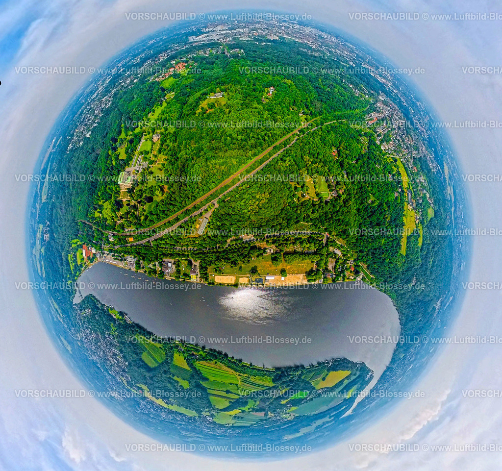 Essen250590321Stadtwald_Baldeneysee | Luftbild, Baldeneysee mit Seaside Beach Strandbad und Stadtwald, links die Villa Hügel, Erdkugel, Fisheye Aufnahme, Fischaugen Aufnahme, 360 Grad Aufnahme, tiny world, little planet, fisheye Bild, Bredeney, Essen, Ruhrgebiet, Nordrhein-Westfalen, Deutschland