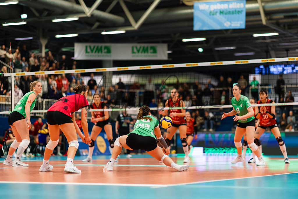 Volleyball, 1. Bundesliga Frauen, Hauptrunde, 8. Spieltag, Saison 2025/2026: USC Münster - Dresdner SC | 1. Bundesliga Frauen, Hauptrunde, 8. Spieltag, Saison 2025/2026, USC Münster empfängt Dresdner SC in der Sporthalle Berg Fidel in Münster. Foto: sportfotografie.ms | Markus Paletta - Realisiert mit Pictrs.com