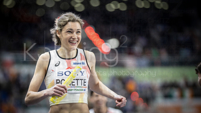 World Athletics Indoor Championships Kujawy Pomorze 26, 21.03.2026 | TORUN, POLAND - MARCH 21:  Helena PONETTE (BEL) celebrates the 4x400m relay victory during the World Athletics Indoor Championships Kujawy Pomorze 26 on day 2 / session 1 at Kujawsko-Pomorska Arena Torun on March 21, 2026 in Torun, Poland. 