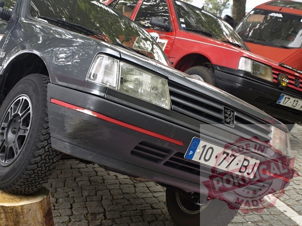 Peugeot 205 Rally series performing off road driving challenge | Grey Peugeot 205 car displaying off-road prowess with other rally cars - Realisiert mit Pictrs.com