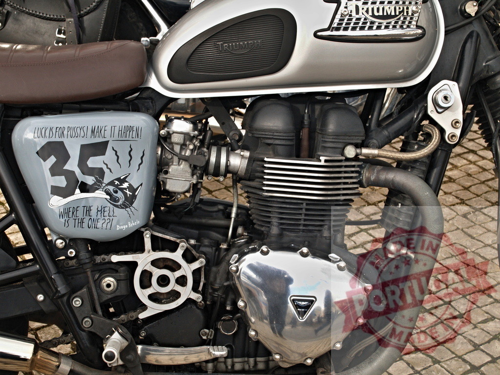 Triumph motorcycle engine with custom side panel artwork | Triumph motorcycle engine detail featuring custom side panel artwork and mechanical components - Realisiert mit Pictrs.com