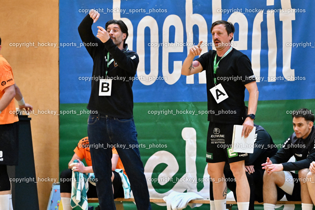 SC Ferlach vs. HSG Holding Graz | Headcoach HSG Graz BALOMENOS Spyros, Asisstentcoach HSG Graz PAJICIC Goran,SC Ferlach vs. HSG Holding Graz, SC Ferlach vs. HSG Holding Graz am 24.05.2025 in Ferlach (Ballspielhalle Ferlach), Austria, (Photo by Bernd Stefan)