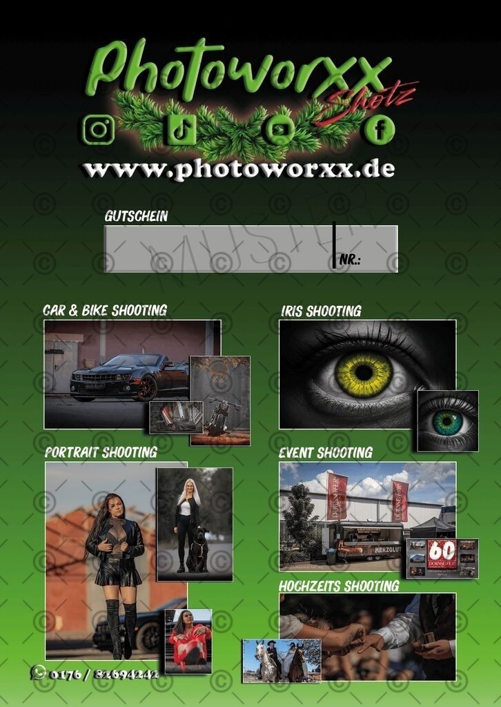 Gutschein |  Verschenke besondere Erinnerungen zu Weihnachten! Du suchst das perfekte Geschenk?Mit einem Gutschein für ein Fotoshooting von Photoworxx Shotz verschenkst du unvergessliche Momente und professionelle Aufnahmen! Ob Car &amp; Bike, Portrait, Iris, Event oder Hochzeits-Shooting – wir halten deine schönsten Augenblicke in beeindruckenden Bildern fest.✨ Individuell. Kreativ. Einzigartig. ✨ Jetzt Gutschein sichern:WhatsApp: 0176 / 82694242 www.photoworxx.deMach dieses Weihnachten zu etwas ganz Besonderem – mit einem Geschenk, das bleibt! - Realisiert mit Pictrs.com