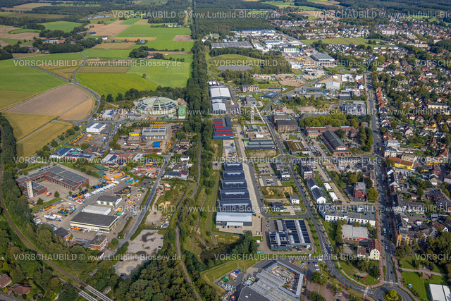 Dorsten230906148 | Luftbild, Gewerbegebiet An der Wienbecke, Feuerwehr und Rundhalle, CreativQuartier Fürst Leopold, ehemals Zeche Schacht 2 Fürst-Leopold mit Fördergerüst, Hervest, Dorsten, Ruhrgebiet, Nordrhein-Westfalen, Deutschland