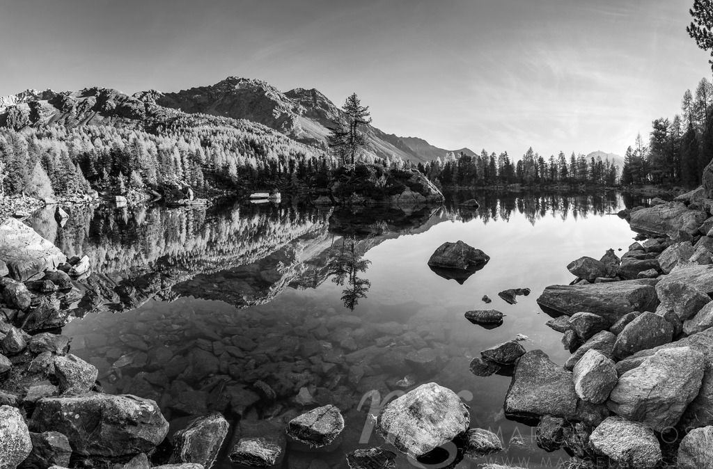 Goldener Herbst am Lago di Saoseo im Val di Campo, Poschiavo, Schweiz | island with trees in the water of Lago di Saoseo during the golden hour - Realisiert mit Pictrs.com