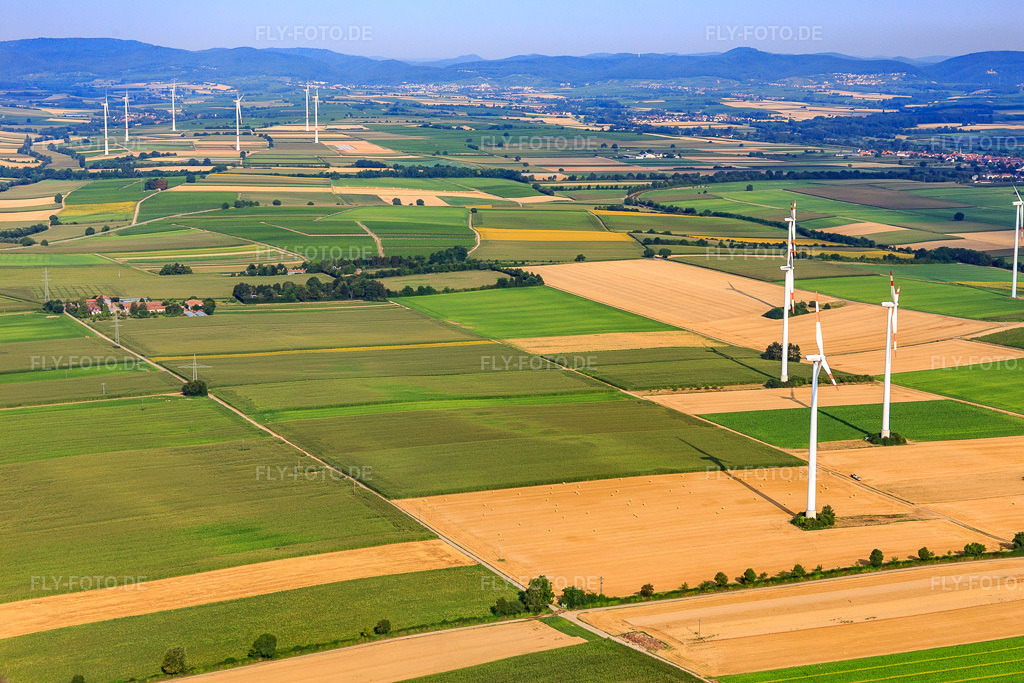 Luftbild: Windkraftanlagen in Minfeld im Bundesland Rheinland-Pfalz in Deutschland. Foto: IMG_108991.jpg vom 15.07.2018 durch Werner Riehm/FLY-FOTO.de