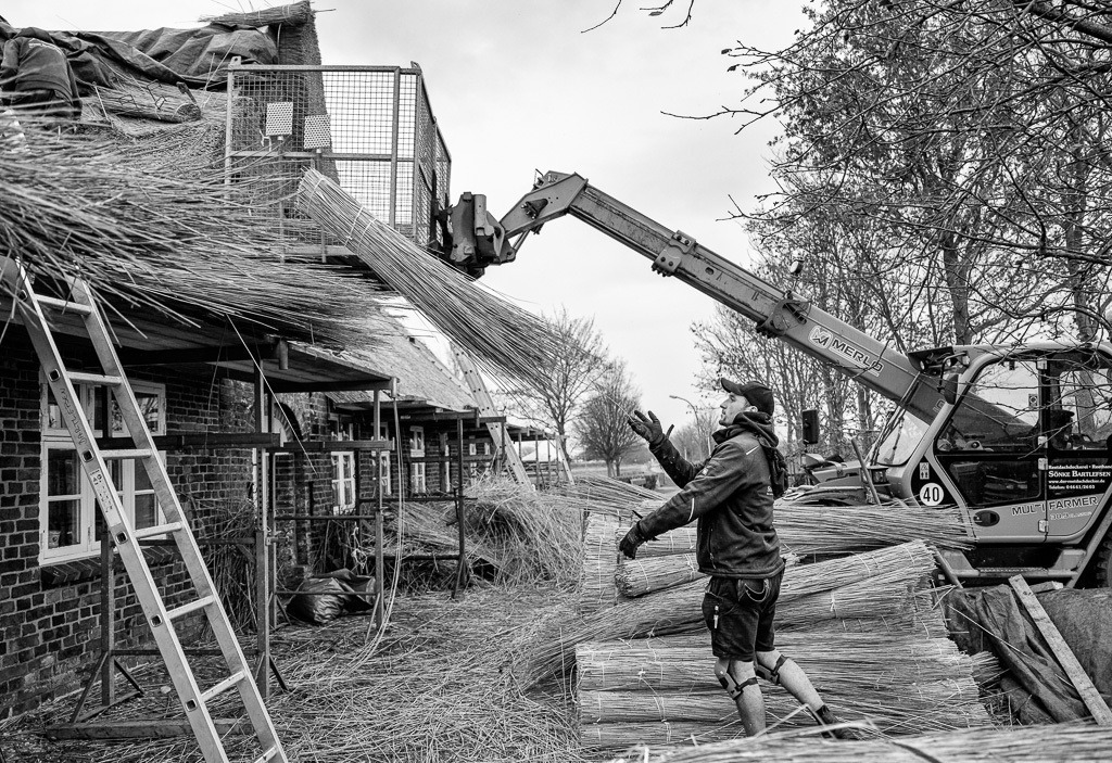 Reetdachdecken am Andersen-Hüs in Risum-Lindholm © Holger Rüdel | Der Online-Shop von Holger Rüdel. Ausgewählte Fotografien als FineArt-Prints bestellen: Bildreportagen, Landschaften, Wildlife, Infrarot-Motive in Schwarzweiß und Zeitgeschichte im Bild. - Realisiert mit Pictrs.com