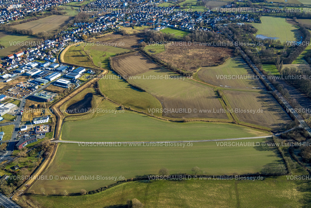 Hamm240105297 | Luftbild des ehemaligen Überschwemmungsgebietes zwischen Hohefeldweg und soester Strasse, ehemaliges Ahsehochwasser, Damm an der Soester Strase,  Uentrop, Hamm, Ruhrgebiet, Nordrhein-Westfalen, Deutschland