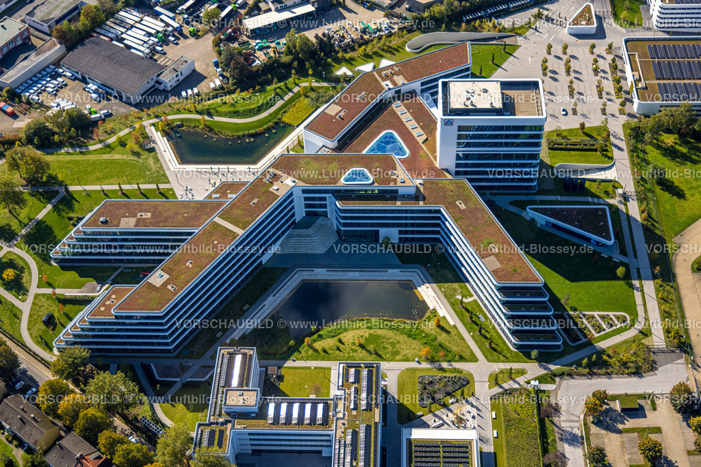 Essen241000796 | Luftbild, Aldi Nord Campus, Gebäudeform entspricht dem Aldi Logo, Eckenbergstraße, Kray, Essen, Ruhrgebiet, Nordrhein-Westfalen, Deutschland