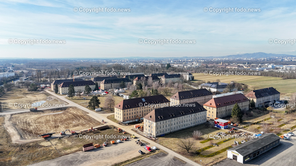 Kasernengelaende Ebelsberg_ Baustelle_ 15.02.2024-9 | 15.02.2024, Linz, AUT, Kasernengelaende Ebelsberg, im Bild Kasernengelaende Ebelsberg, Gebaeude, Heeresgebaeude, Baustelle, LKW, Bagger

Drohne