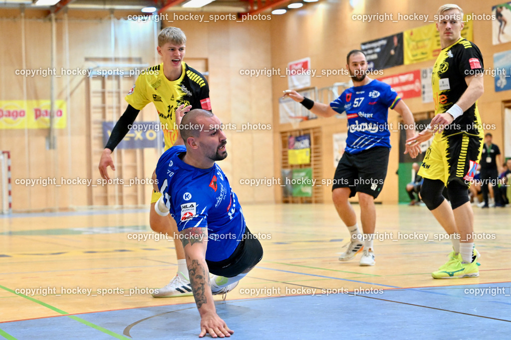 SC Ferlach vs. Bregenz Handball | #81 Milicevic Adrian SC Ferlach, #10 BERGMAYER Max Bregenz Handball, #57 LEBAN Patrik SC Ferlach, #71 Schröder Andreas Bregenz Handball, SC Ferlach vs. Bregenz Handball, SC Ferlach vs. Bregenz Handball am 28.09.2024 in Ferlach (Ballspielhalle Ferlach), Austria, (Photo by Bernd Stefan)