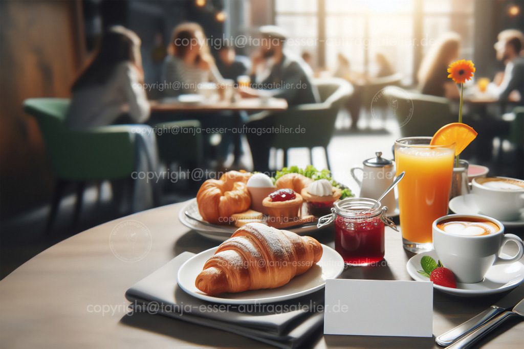 Frühstück im Restaurant stimmungsvoll | Ein stimmungsvolles, reichhaltiges Frühstück im Restaurant. Eine Papierkarte und der unscharfe Hintergrund bieten Copy Space. Croissants, Marmelade, Orangensaft und Cappuccino,  Gäste in entspannter Atmosphäre. Überarbeitetes Bild auf Grundlage generativer KI.
