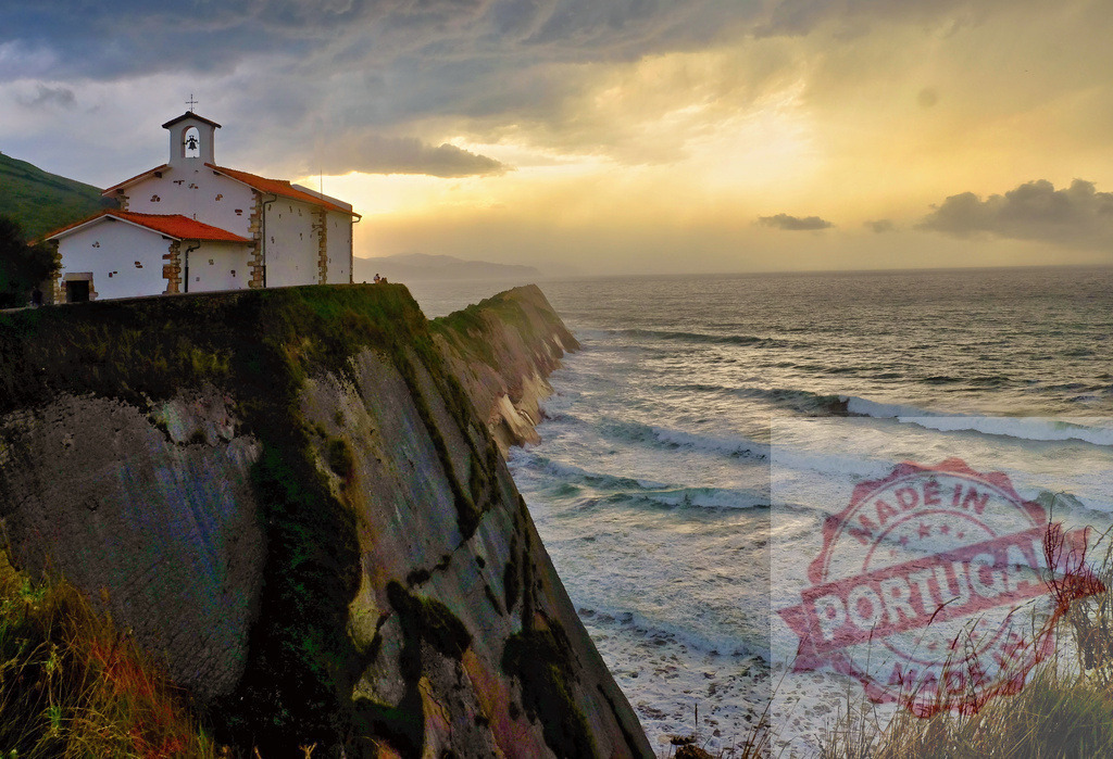 San Telmo chapel standing on Flysch cliffs at sunset | San Telmo chapel overlooking the ocean and Zumasia Flysch cliffs during golden hour - Realized with Pictrs.com