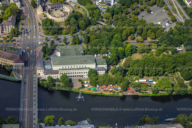 Muelheim220802195 | Luftbild, Stadthalle Mülheim, Wasserspiel im Fluss Ruhr, Broich - Ost, Mülheim an der Ruhr, Ruhrgebiet, Nordrhein-Westfalen, Deutschland