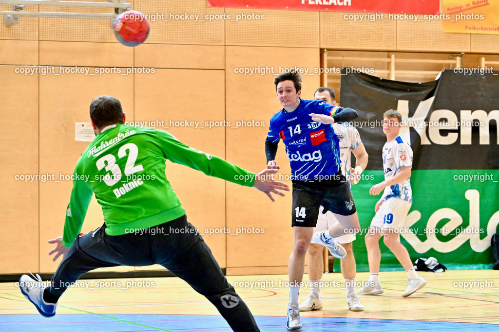 SC Ferlach vs. ALPLA HC Hard 2.3.2024 | #32 DOKNIC Golub HC Hard, #14 RATH Mathias SC Ferlach, SC Ferlach vs. ALPLA HC Hard 2.3.2024, SC Ferlach vs. ALPLA HC Hard am 02.03.2024 in Ferlach (Ballspielhalle Ferlach), Austria, (Photo by Bernd Stefan)