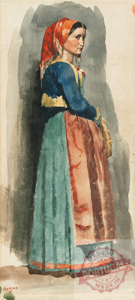 Edgar Degas Edgar Degas painting woman with traditional Italian costume | Woman wearing a traditional costume standing against a dark background in a watercolor portrait - Realisiert mit Pictrs.com