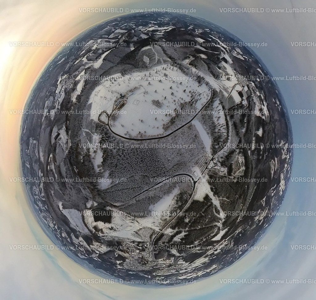 Winterberg221290006KahlerAsten | Luftbild von Winterberg im Schnee, Kahler Asten und Astenturm, fisheye, Fisheye Aufnahme, Fischaugen Aufnahme, 360 Grad Aufnahme, Winterlandschaft, Sauerland, Nordrhein-Westfalen, Deutschland