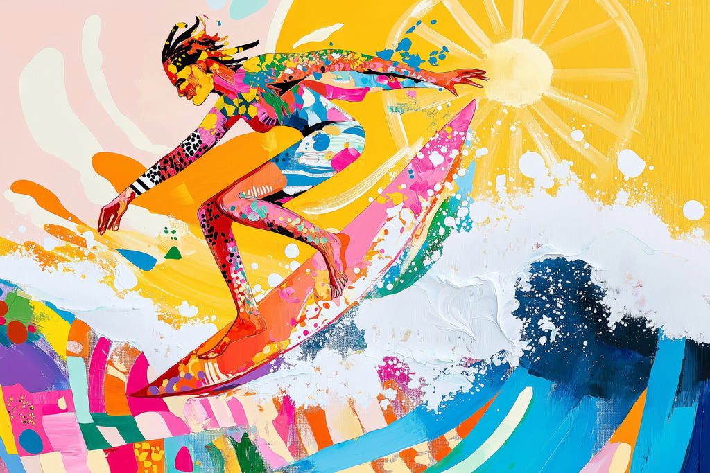 2507013 - Auf der Welle des Sommers | Ein ausdrucksstarkes Sportmotiv mit kraftvoller Farbgebung und figurativer Spannung. Inspiriert von Pop Art, Street Art und expressiver Malerei steht die Surferin für Energie, Freiheit und Lebenslust.
