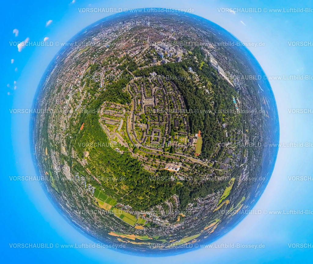 Essen230790012Margarethenhoehe | Luftbild, Historische Wohnsiedlung Margarethenhöhe, Erdkugel, Fisheye Aufnahme, Fischaugen Aufnahme, 360 Grad Aufnahme, tiny world, Margarethenhöhe, Essen, Ruhrgebiet, Nordrhein-Westfalen, Deutschland