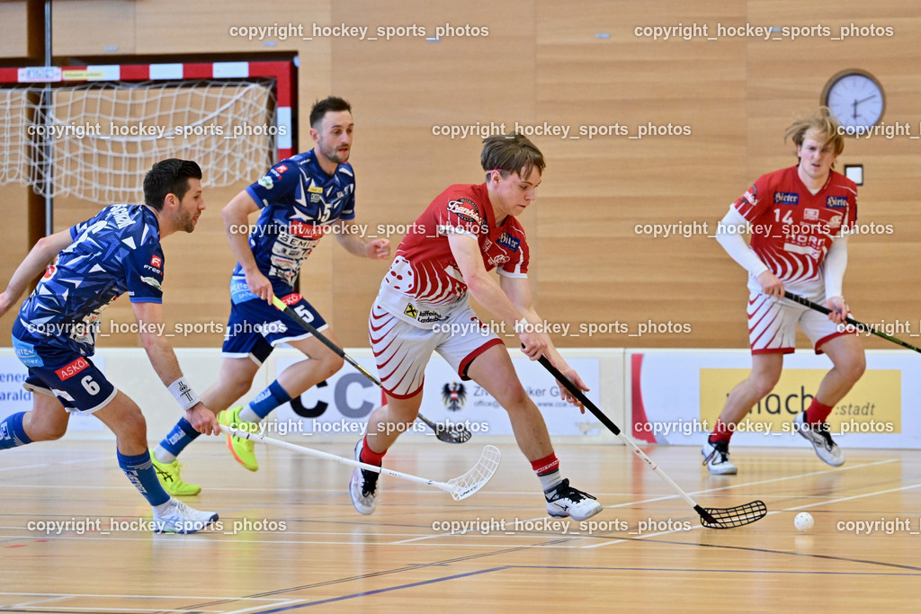 VSV Unihockey vs. KAC Floorball | #6 Timo Schmid VSV Unihockey, #5 Michael Kanduth VSV Unihockey, #2 Mitja Beuthe KAC Floorball, #14 Pascual Fina KAC Floorball, VSV Unihockey vs. KAC Floorball, VSV Unihockey vs. KAC Floorball am 12.04.2025 in Villach (Ballspielhalle St. Martin), Austria, (Photo by Bernd Stefan)