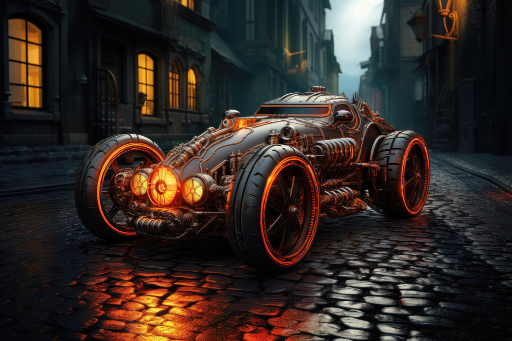 2308031 - Neon Cyberpunk Car | Bestellen Sie dieses digitale Motiv eines Cyberpunk-Offroaders als hochwertigen Kunstdruck auf Leinwand, Acrylglas, Alu-Dibond oder als Poster.