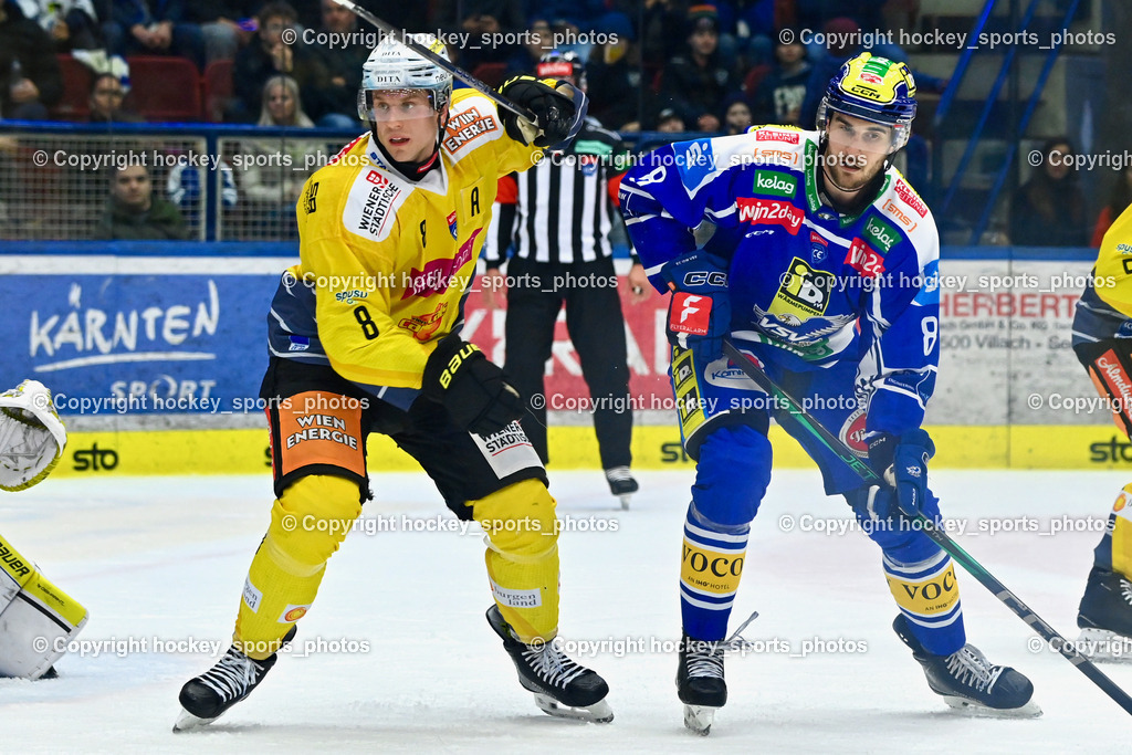 EC IDM WÄRMEPUMPEN VSV vs. Vienna Capitals | #8 Nelson Nogier Vienna Capitals, #8 Maximilian Rebernig EC VSV, EC IDM WÄRMEPUMPEN VSV vs. Vienna Capitals, EC IDM WÄRMEPUMPEN VSV vs. Vienna Capitals am 16.11.2025 in Villach (Stadthalle Villach), Austria, (Photo by Bernd Stefan)
