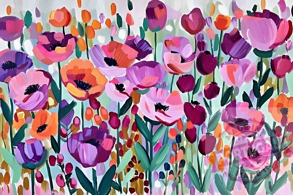Abstract vibrant floral painting illustrating blooming garden field | Colorful abstract painting showing a vibrant field of blooming flowers - Realized with Pictrs.com