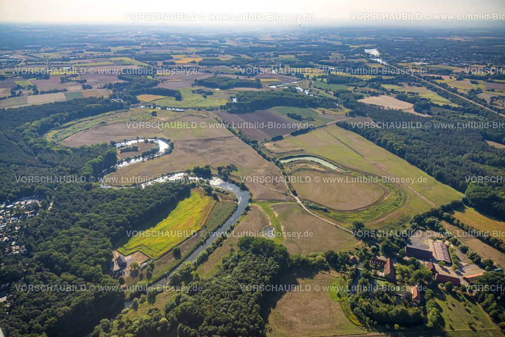 Olfen220805930LippeVogelsang | Luftbild, Fluss Lippe Mäander, Lippeschleife, Fluss- und Auenentwicklung der Lippe Vogelsang, Renaturierung, Stadtgrenze Olfen-Datteln, Olfen-Kirchspiel, Olfen, Ruhrgebiet, Nordrhein-Westfalen, Deutschland