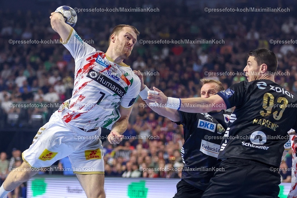 KoeEHF15062502002 | 15.06.2025, Handball, Finale TruckScout24 EHF FINAL4, LANXESS arena Köln, Füchse Berlin - SC Magdeburg: Felix Claar (Magdeburg #07) gegen Mijajlo Marsenic  (Fuechse Berlin #93) 