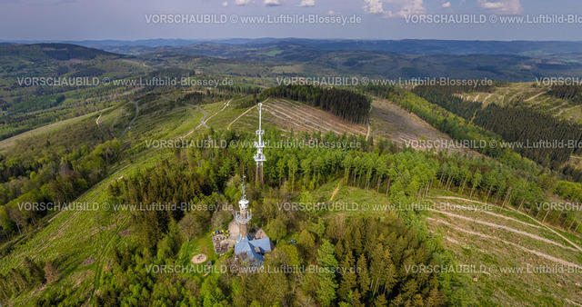 Kreuztal240502511Grubenfeld-Littfeld-Kindelsberg | Luftbild, Kindelsbergturm und Neuer Sendeturm Sendemasten, Waldgebiet mit Waldschäden, Grubenfeld Grubengelände Littfeld Kindelsberg, Fernsicht Hügel und Täler, Kreuztal, Nordrhein-Westfalen, Deutschland