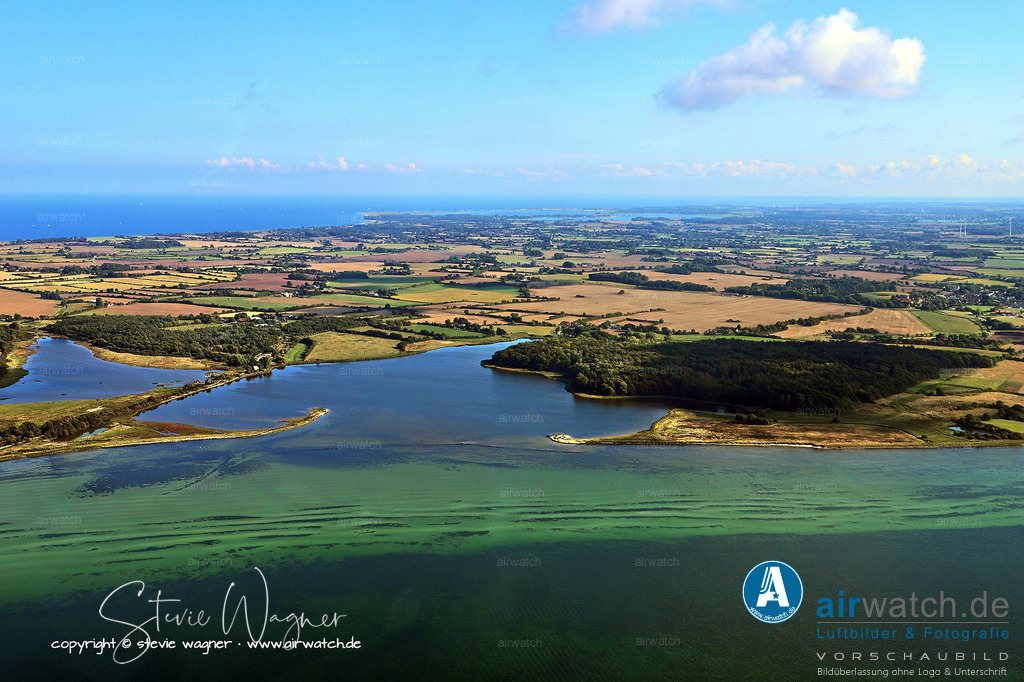 Geltinger Birk Luftbild - Lebensraum für zahlreiche Vogelarten | Im Jahr 1824 wurde ein Deich vom Südwesten der Halbinsel nach Beveroe gebaut, der den Strandsee komplett vom Meer abtrennte und trockenlegte. Dieser Prozess wurde durch zwei Mühlen unterstützt, darunter die Mühle Charlotte, die noch heute steht und ursprünglich zur Entwässerung der ehemaligen Noorflächen diente. Heute ist das Geltinger Noor ein wichtiger Lebensraum für zahlreiche Vogelarten, die hier brüten und rasten, sowie für seltene Pflanzen und Tiere wie Konikpferde und Galloway-Rinder.