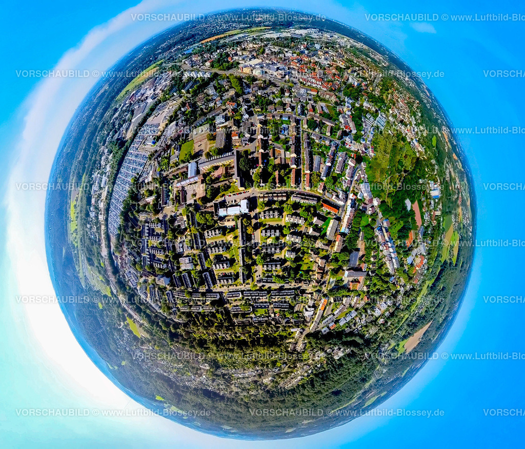 Hattingen240890608Hattingen-Sued_Uhlandstrasse | Luftbild, Hattingen-Süd mit der Uhlandstraße Wohngebiet Reihenhäuser Schillerstraße, Großraum-Parkplatz für Pkw, Erdkugel, Fisheye Aufnahme, Fischaugen Aufnahme, 360 Grad Aufnahme, tiny world, little planet, fisheye Bild, Rosenthal, Hattingen, Ruhrgebiet, Nordrhein-Westfalen, Deutschland