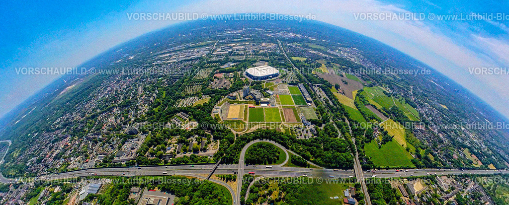 Gelsenkirchen250590021Schalke_A2-2 | Luftbild, Berger Feld, Schalke Arena Park mit Veltins Arena Fußballstadion, Autobahn A2 und Anschlussstelle Buer, Erdkugel, Fisheye Aufnahme, Fischaugen Aufnahme, 360 Grad Aufnahme, tiny world, little planet, fisheye Bild, , , Ruhrgebiet