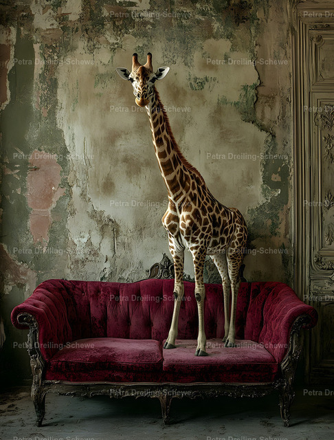 Hoch hinaus - Giraffe | Surreales, fotorealistisches Bild einer Giraffe, die noch höher hinaus will. - Realisiert mit Pictrs.com