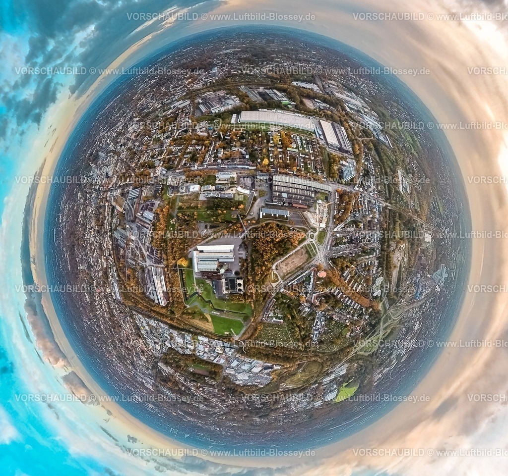 Bochum231190087Westpark-2-topaz | Luftbild, Westpark mit alten Werkshallen des Bochumer Verein und Jahrhunderthalle Veranstaltungsort und Eventlocation, Baustelle mit Sanierung und Fassadengerüst am historischen Bauwerk Colosseum, Wohngebiet umgeben von herbstlichen Laubbäumen, Erdkugel, Fisheye Aufnahme, Fischaugen Aufnahme, 360 Grad Aufnahme, tiny world, little planet, fisheye Bild, Kruppwerke, Bochum, Ruhrgebiet, Nordrhein-Westfalen, Deutschland